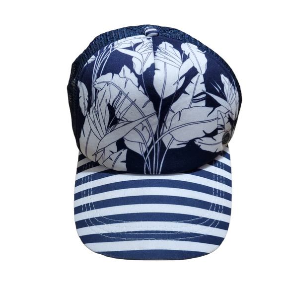 Roxy Womens Tropical Leaf Print Adjustable Snapback Trucker Hat Navy Blue Y2K - Picture 1 of 5